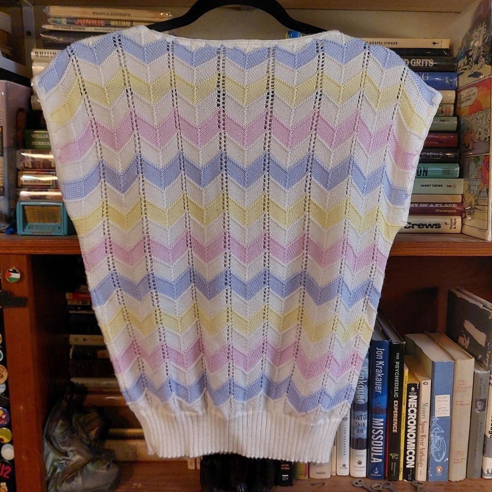 Vintage pink, yellow, purple, and white sweater vest. - Picture 2 of 5